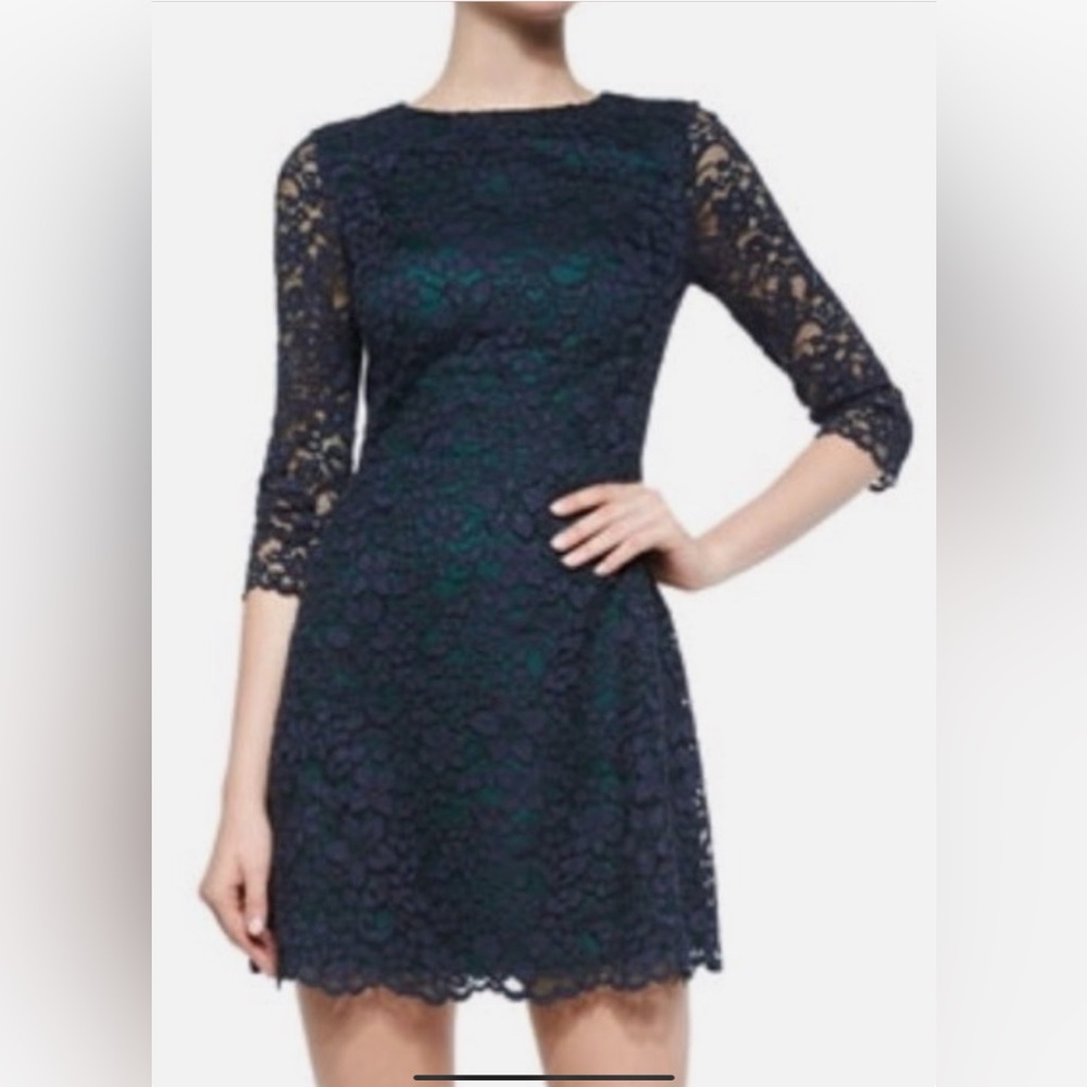 Tory Burch Blue& Green  Sheath Dress with 3/4 Sleeves and Mock Neck